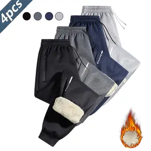 Men's Casual Wool Pants Set of Four, Drawstring Adjustable with Leg Straps and Zippered Pockets, Thick Fleece Lining, Warm and Comfortable to Wear, Both Warm and Cozy.Men's beige simple sports pants men's trousers men's clothing cold weather
