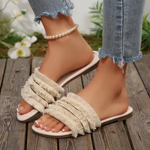 Sandals for Women Boho Fringe Flat Sandal Dressy Wide Width Tassel Knot Open Toe Slides for Summer & Beach