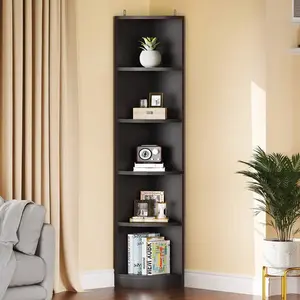 Five-layer corner bookcase, 71" high, modern freestanding zigzag corner bookcase, display corner bookcase, open small bookcase for living room, home office, small space, black