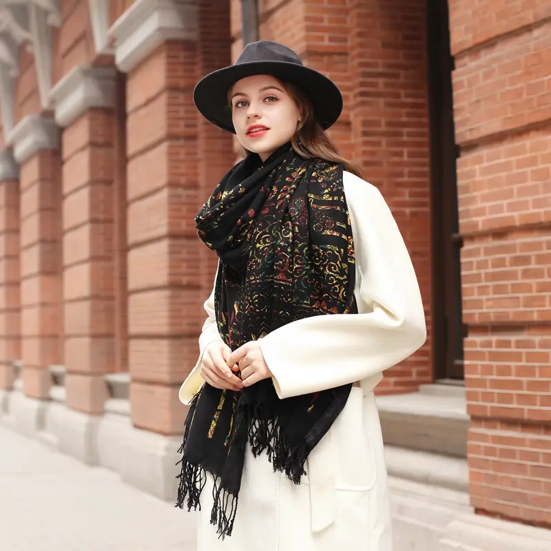 DANA XU 100% Merino Wool oversized Pashmina Blanket Travel Scarf Soft Cashmere Wrap Women's Oversize Shawl Floral  Fashion Long Open Front poncho