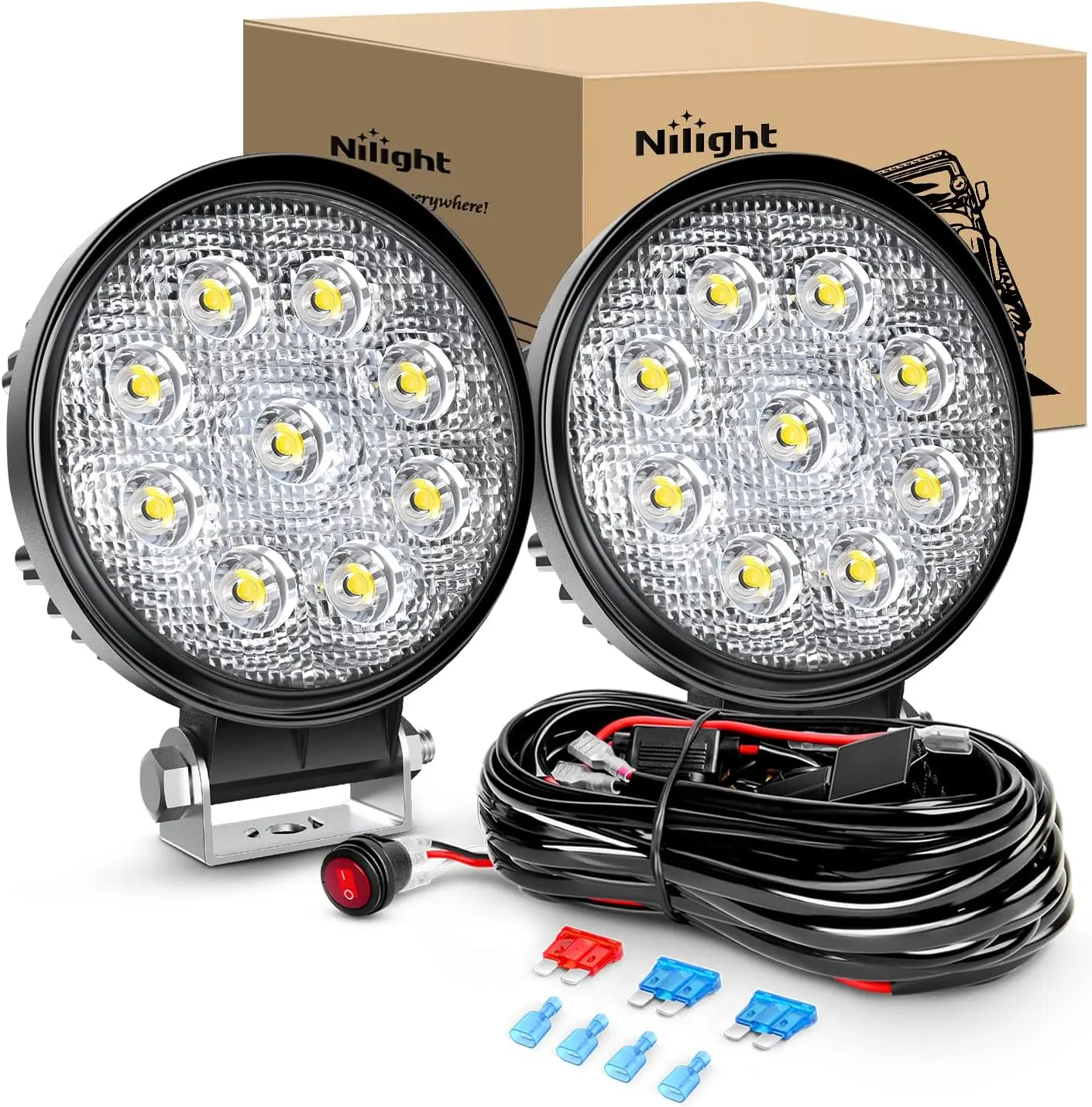Nilight 2PCS 27W Round Flood LED Driving Lamps - Aluminum Alloy Off-Road Fog Lights, Wide Illumination, Waterproof, 2-Lead Backlights, Wiring Harness, Mount Bracket, Car Lighting, Bright Vision, 27W Output, Vehicle Accessories for Cars, Boats, Outdoors