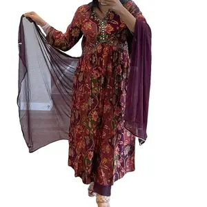 Women's Traditional Alia Design Chinon Fabric Kurta Salwar Dupatta Set, Lightweight Matching-Fit, Embroidery-Detailed, Comfortable Formal Garment with Elegance