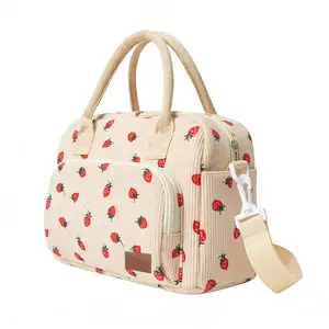 Lunch Box for Women, Cute Strawberry Corduroy Insulated Lunch Bag Women Reusable Work Leakproof Simple Adults Large Lunch Boxes Tote Bag Men Cooler Bag