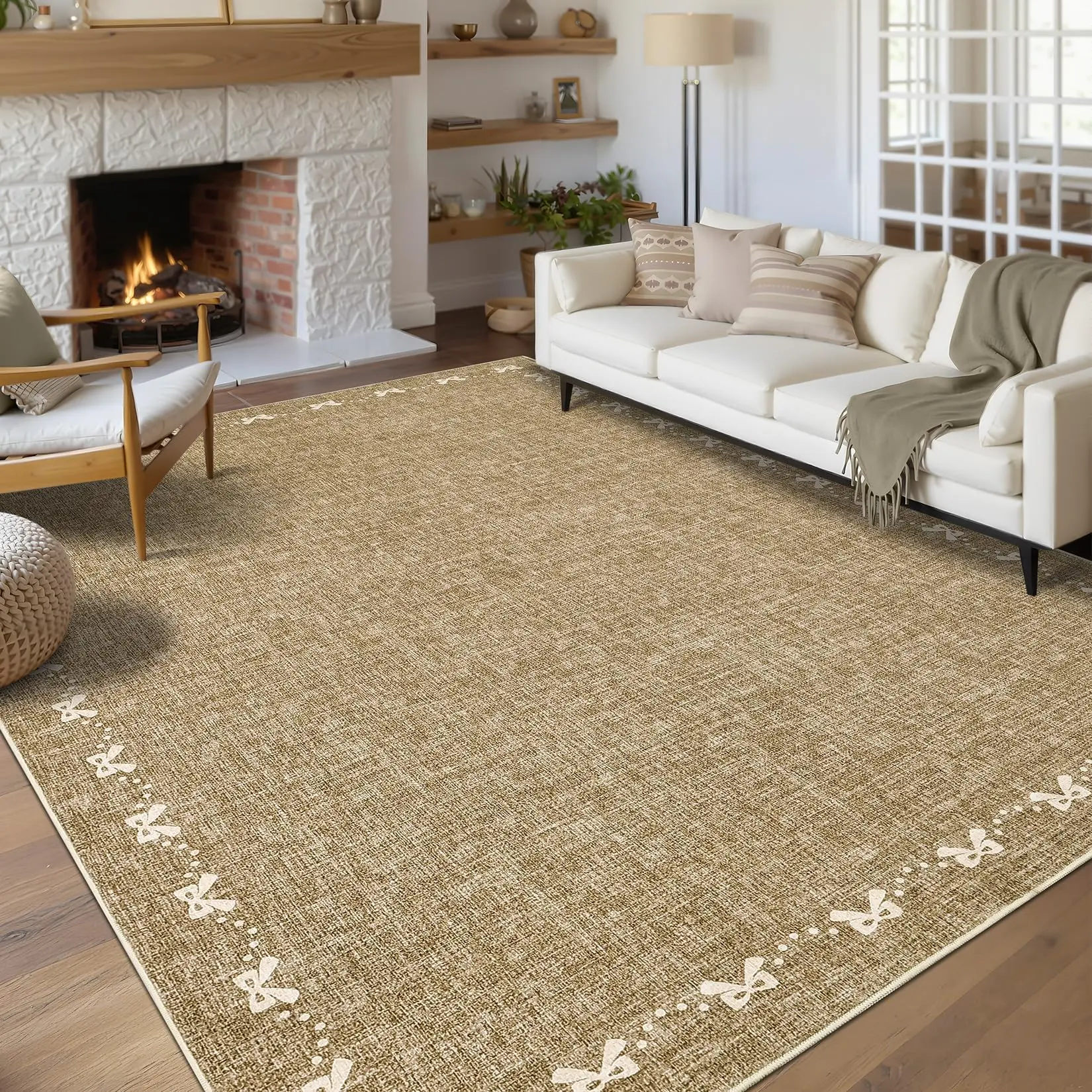 Bow Washable 5x7 Area Rugs for Living Room, Non Slip Printed Rug Soft Non Shedding Bedroom Rugs Foldable Low Pile Stain Resistant Carpet for Playroom Nursery Dining Room, Light Brown