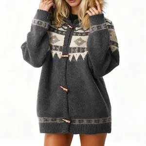 Nordic Fair Isle Knit Cardigan| Faux Fur Hood + Toggle Buttons| Oversized Winter Must-Have 874