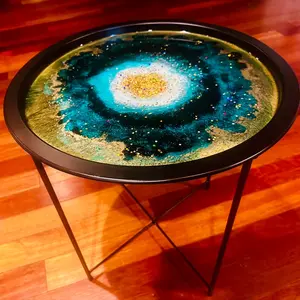 Geode Agate Inspired Resin Round Folding Metal Removable Tray Table in Green, Pearl white & Gold,Home Decor,Luxury Decor,Christmas,Gift