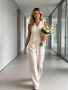 Two piece set of women's fashionable French high-end apricot color Fitted suit, women's waist cinched V-neck vest+high waist wide leg pants commuting two-piece set, suitable for summer, parties, dinners, wedding guests, light business.