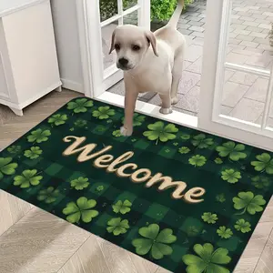 1pc Green & Golden Welcome Doormat with Four-Leaf Design - Soft Flannel Non-Slip Rubber Backing, Plush Indoor/Outdoor Entry Mat for St. Patrick'S Day, Christmas, Halloween, Thanksgiving Decor - Hand Washable Rectangular Mat for Front Door