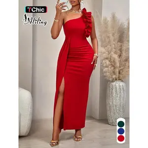 Women’s Plain One-Shoulder Dress, Elegant Sleeveless Split-Hem Dress for Party and Date Wear, Ladies’ Spring and Autumn Clothing