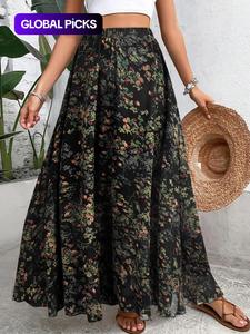 women's floral print bohemian summer skirts, elegant casual boho style maxi skirt for beach holiday vacation, skirts for women, bohemian womenswear, vintage girly clothes, casual fashion skirt, boho earthy girl clothes, floral printed skirt