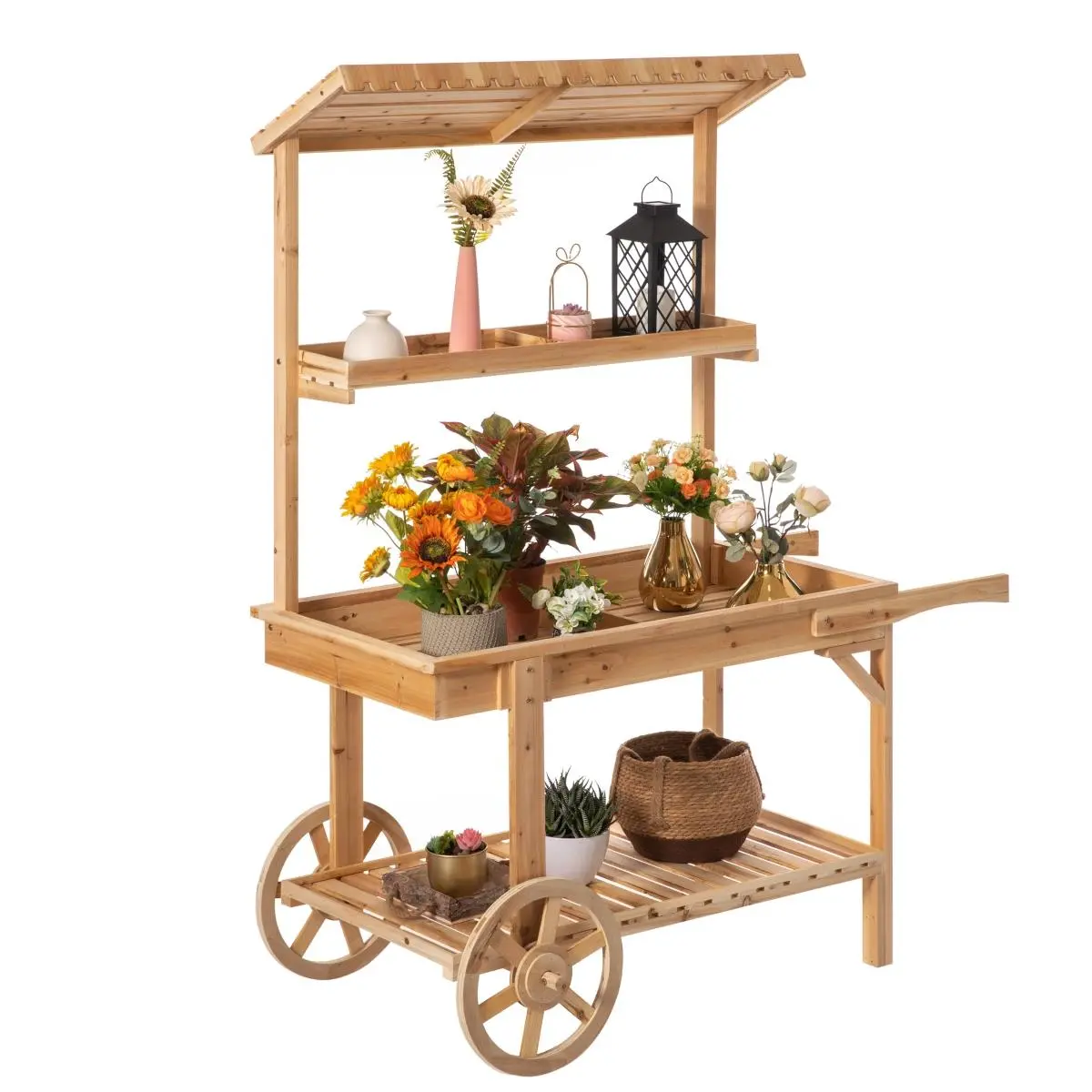 Vintiquewise QI004293 Antique Look Wooden Storage Cart - 2-Wheeled Lightweight Solid Wood Organiser, 52.5in Wide Space-Saving Shelves, Smooth Natural Pot Hanger, Decorative Flower Backyard Patio/House Plant Stand (27.5 inches, 35.28 lb)