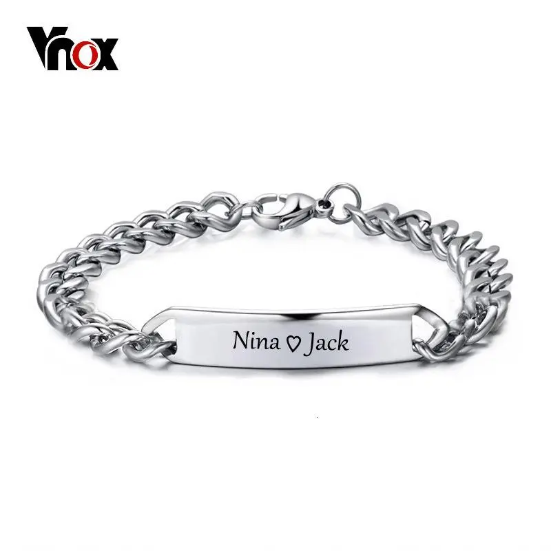 Vnox Customize Engrave ID Bar Bracelet for Men Stainless Steel Classic Simple Personalize Name Info Male Jewelry Gift