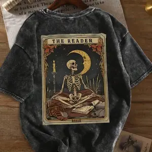 Vintage Tarot Card Print T-Shirt - "The Reader" Skeleton Design, Loose Fit, Washed Texture, Short Sleeve Crew Neck Top for Women, Casual Summer Wear, Street Style Fashion|Skeleton Graphic Tee|Washed Texture
