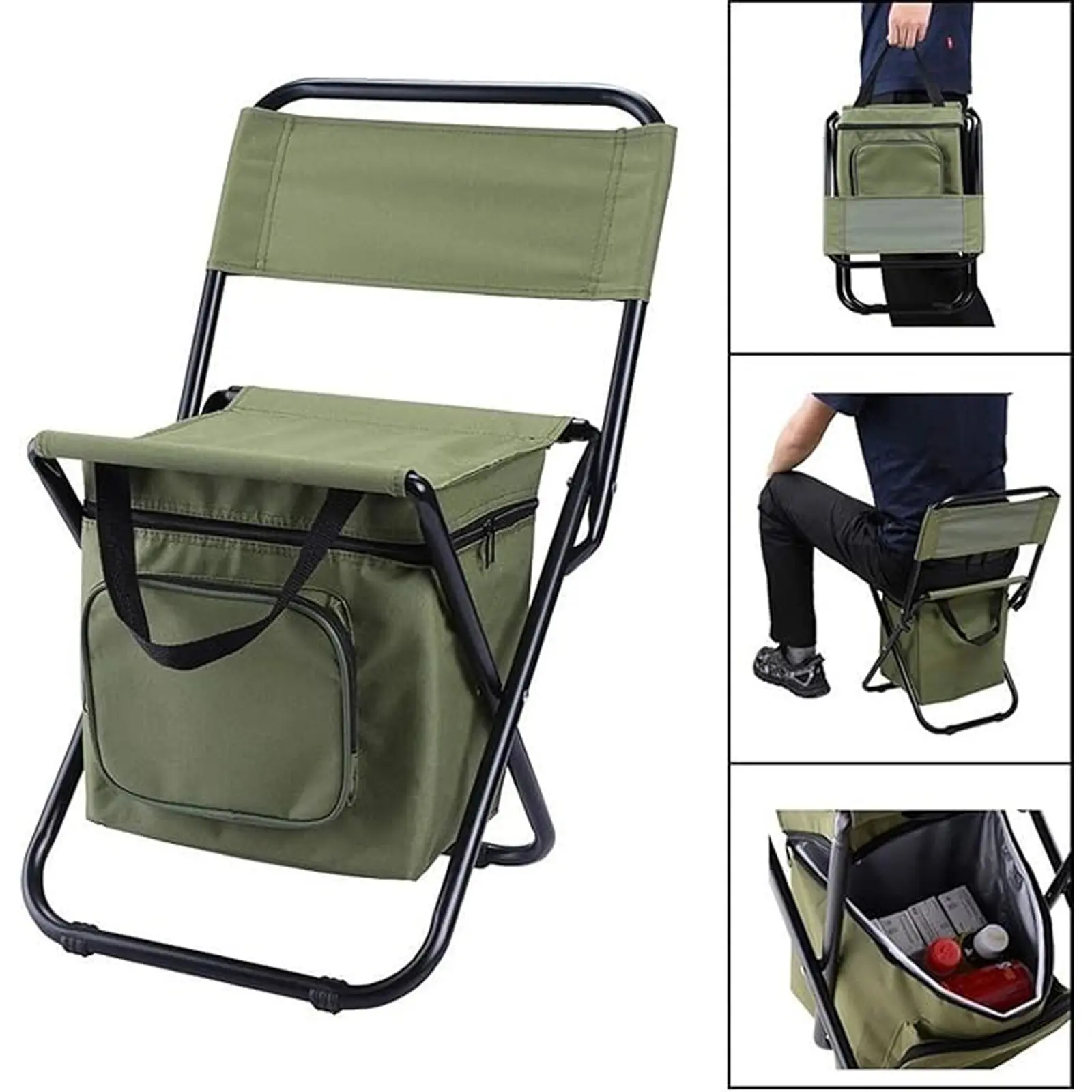 Portable Folding Fishing Chair with Cooler Bag, Compact Fishing Stool, Foldable Camping Chair, Durable Oxford Fabric Sport Outdoor Chair, Supports Up to 440 lb, Suitable for Travel, Camping, Hunting and Hiking