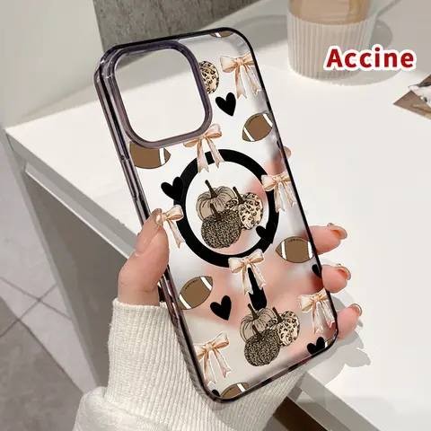 Patterned Magnetic Acrylic Hybrid Shell Phone Case - Fits iPhone 16 Pro Max,15 Plus,14,13,12,11,XR,XS,SE, Pumpkin/Bow/Football Designs, Shockproof Soft Silicone, Transparent, Airbag Corners Soften Drops, Charges Wirelessly With Ease, Guards Daily Drops
