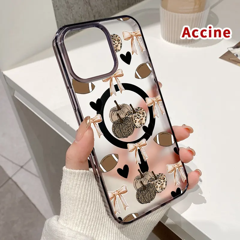 Patterned Magnetic Acrylic Hybrid Shell Phone Case - Fits iPhone 16 Pro Max,15 Plus,14,13,12,11,XR,XS,SE, Pumpkin/Bow/Football Designs, Shockproof Soft Silicone, Transparent, Airbag Corners Soften Drops, Charges Wirelessly With Ease, Guards Daily Drops