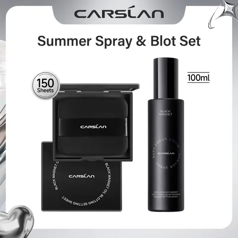 CARSLAN Summer Spray & Blot Set, Black Magnet Liquid Powder Makeup Setting Spray(100ml)+Oil Blotting Setting Sheet(150 Sheets) Duo–16HR Lockdown, Shine Control for Summer Makeup