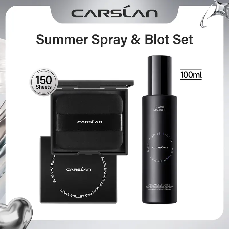 CARSLAN Summer Spray & Blot Set, Black Magnet Liquid Powder Makeup Setting Spray(100ml)+Oil Blotting Setting Sheet(150 Sheets) Duo–16HR Lockdown, Shine Control for Summer Makeup
