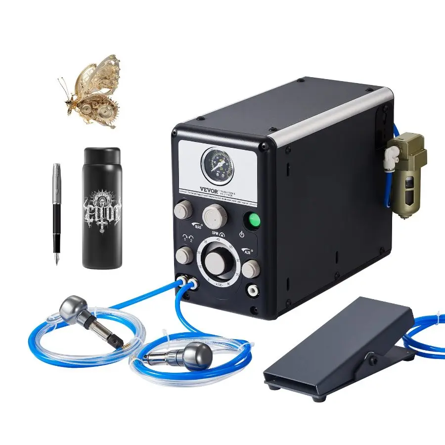 【Summerfinds】 VEVOR Pneumatic Jewelry Engraver, 1200-6000 RPM Adjustable, 60W Dual Head Pneumatic Engraving Machine, DIY Impact Engraver with Small Pedal, Stone Setting Tools Engraver for Jewelry Metal Craftingdealsforyoudays