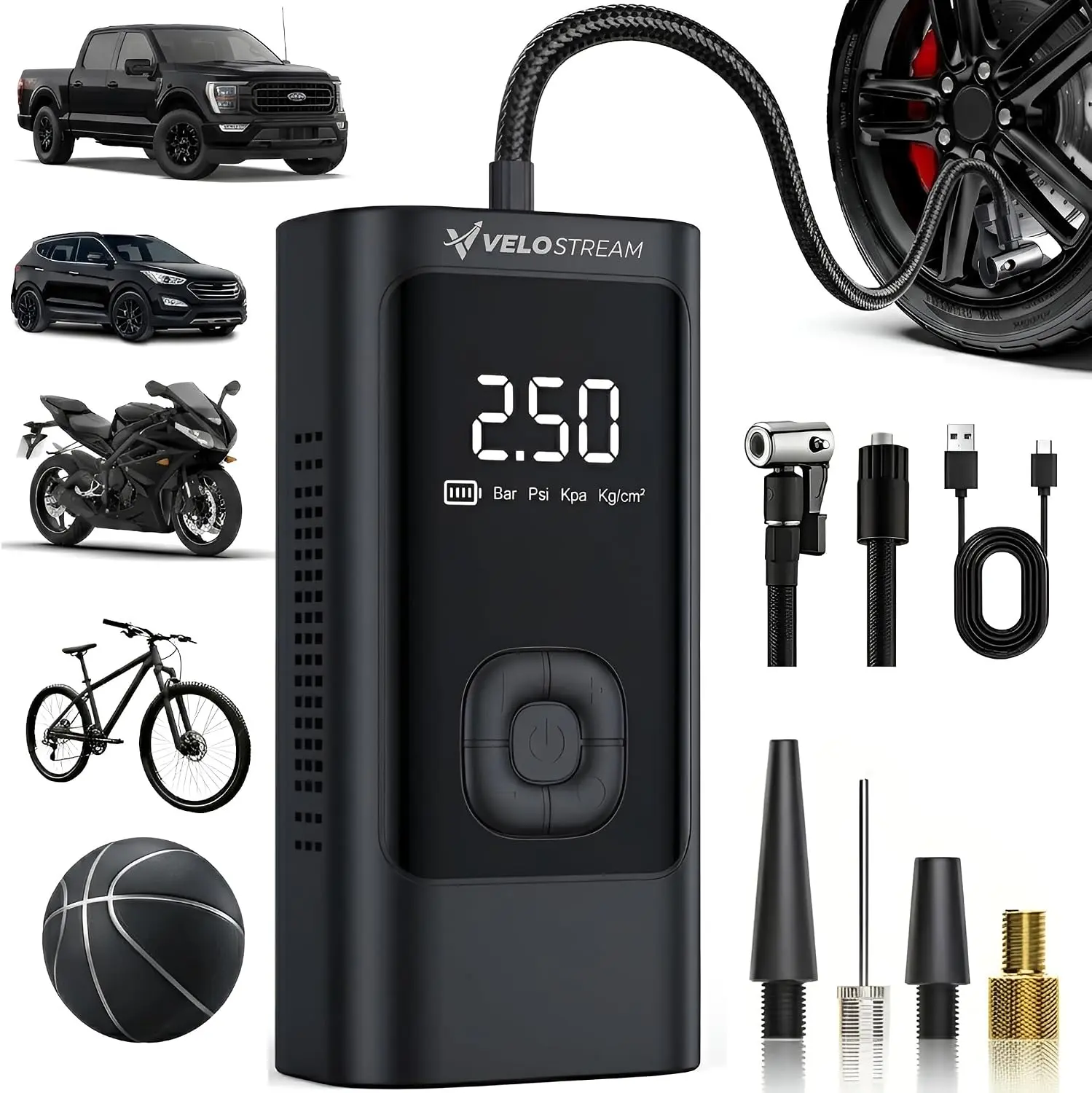 Velostream Portable Tire Inflator Air Compressor, 150 PSI Cordless Air Pump with Digital Display, 6000 mAh Battery, 24L/Min Fast Inflation, Auto Shut-Off, LED Light, for Car, Bike, Motorcycle, Balls