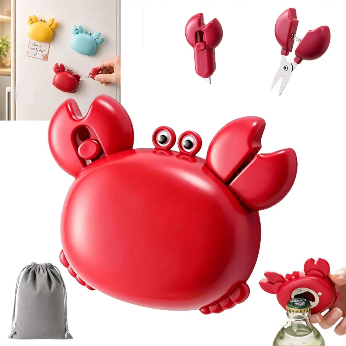 Cute Crab 4-in-1 Multi-Tool - Compact ABS Plastic+Steel Kitchen Gadget with Retractable Cutter, Foldable Scissors, Magnetic Beer Opener, 50g, 9.1×3.1×7.2 cm for Camping, Office Use, Can Opener
