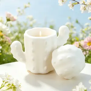 2-in-1 Cactus Ceramic Holder & Soy Wax Sculptural Candle, Desert Vibe Home Decor, Ideal for Gifting & Cozy Evenings