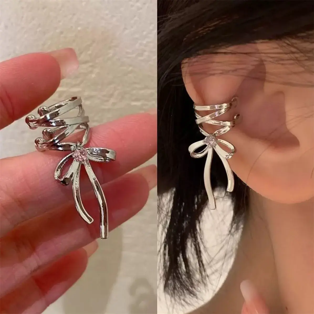 Girls New Ribbon Aesthetics Ear Clips Ballet Style Ribbon Bow-knot Ear Cuff Women Korean Fashion Kpop Earring Jewelry