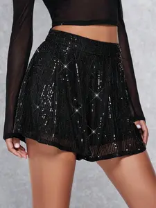 Fashion Sequined High-Waisted Skirt Pants, A-Line Transparent Mesh Patchwork Hem, Perfect for Parties, Nightclubs, Fashion Photoshoots