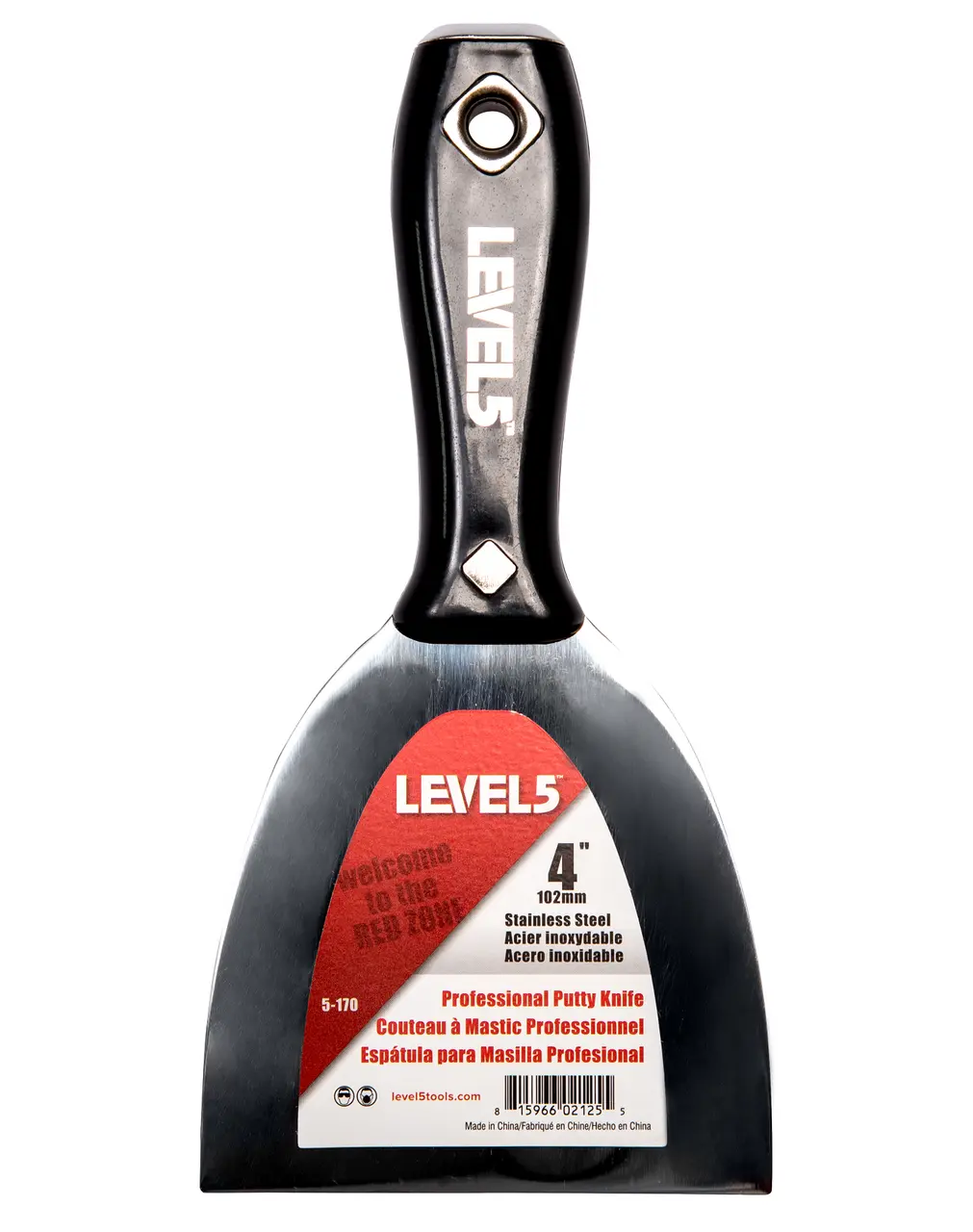 Level5 Tools 4 in. Drywall Putty Knife - High Quality Hand Tool with Mirror-Polished Stainless Steel Blade, Ergonomic Plastic Handle, Carbon Steel Construction, Easy Cleanup for Drywall Jobs