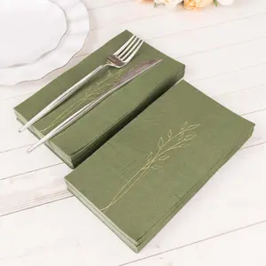 50-Pack 2-Ply Disposable Paper Dinner Napkins, Dusty Sage Green with Gold Embossed Leaf, 18GSM Stylish Disposable Tableware for Weddings, Home & Festive Party Supplies