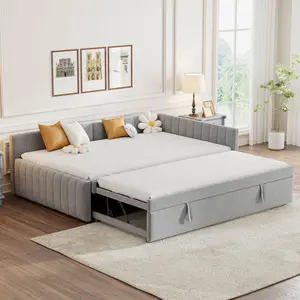 Full Size Upholstered Daybed with Pop Up Trundle, Full Size Platform Bed with Twin Size Trundle and Slats, No Box Spring Needed
