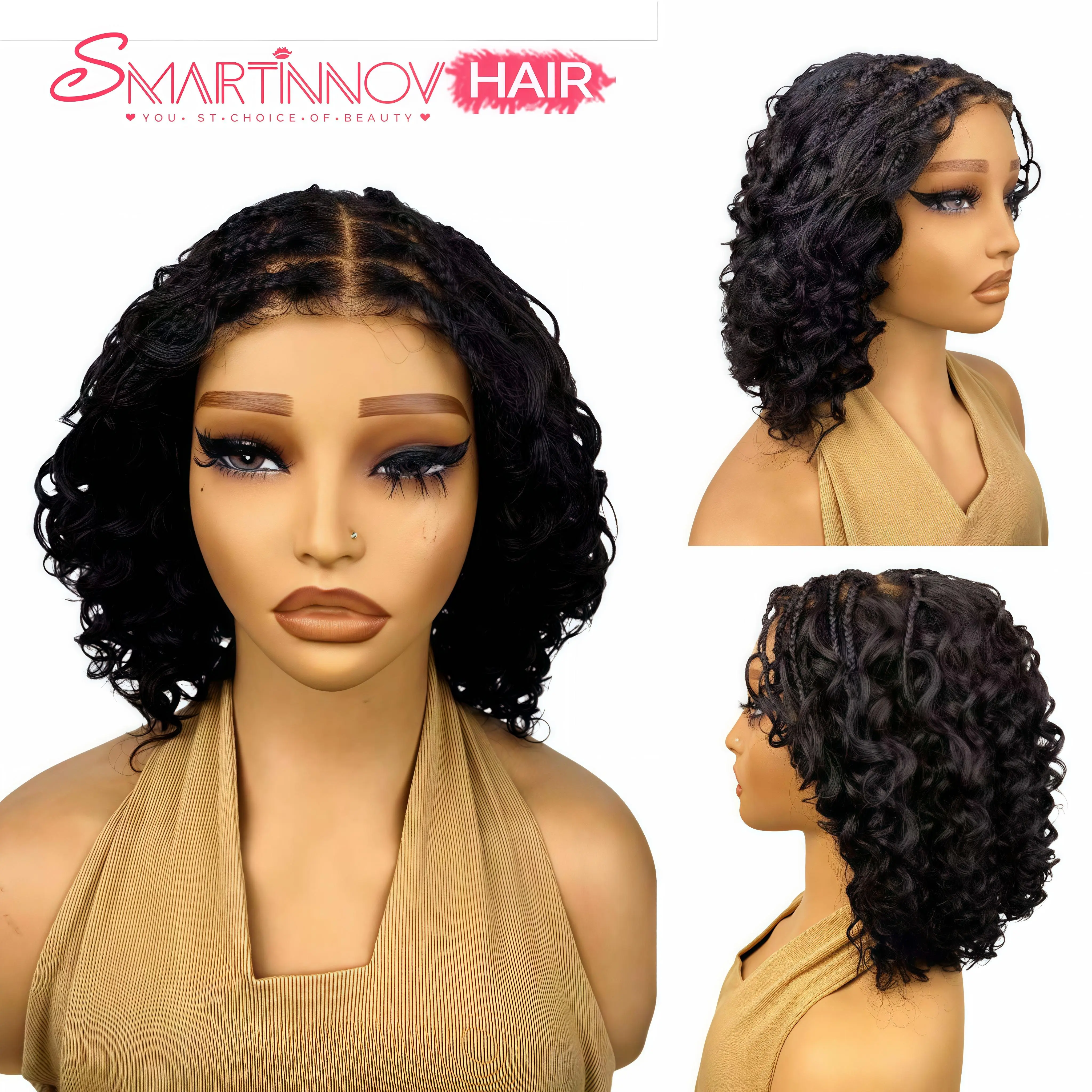 Boho Braid Wig Natural Black Curls 100% Human Hair Pre-Plucked Baby Hair Hand-Woven 5x5 High-Definition Full Lace Wig for Black Women 10-12 Inches Lace Frontal Wig Lace Hairline Wig