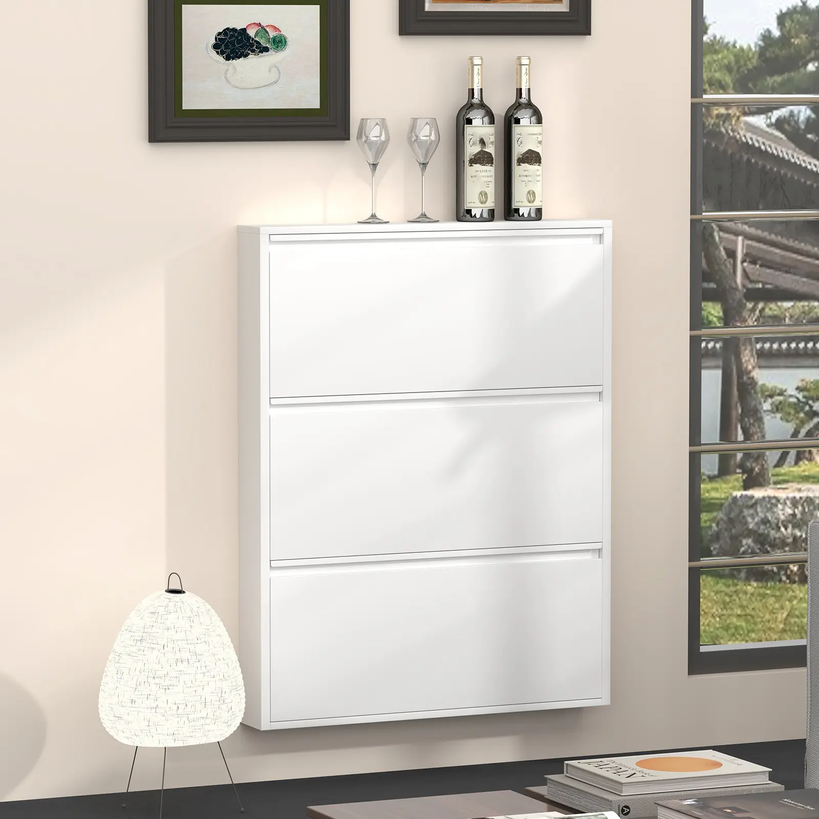 Metal Shoe Cabinet with 3-4 Flip Drawers, Wall Mounted Shoe Organizer, Narrow Slim Hidden Shoe Rack for Entryway,White and black