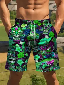 2026 Men's shorts, summer casual shorts, pocket drawstring color block pattern patchwork shorts, breathable shorts, beach shorts
