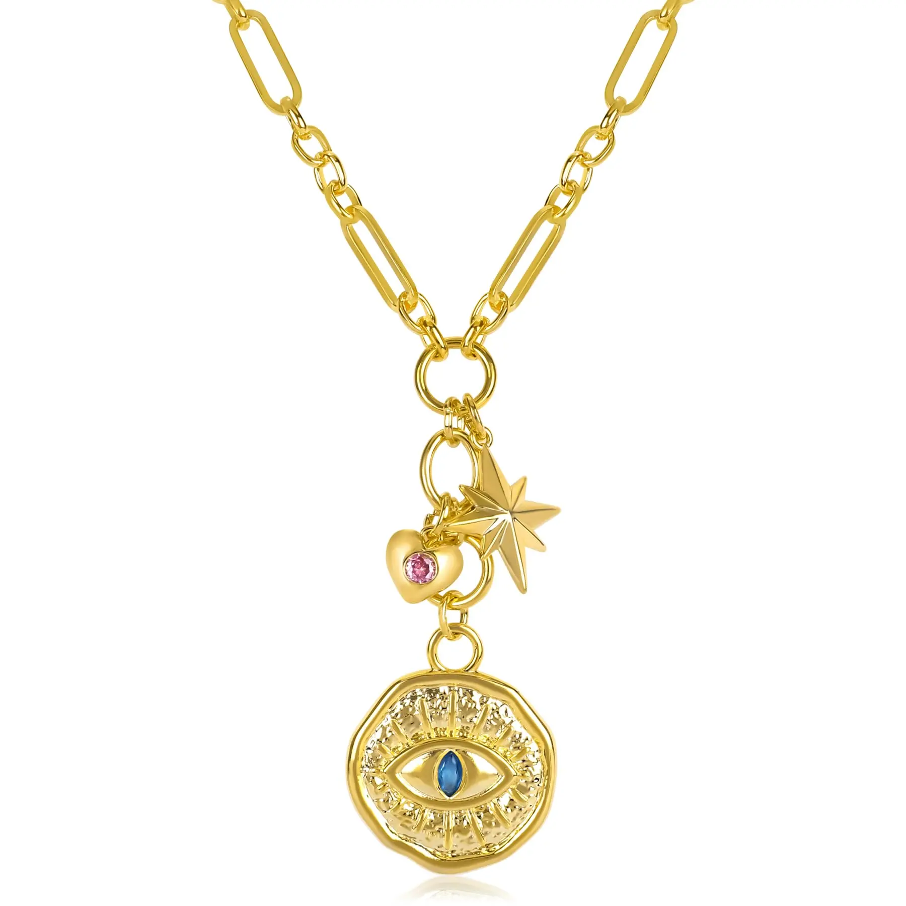 NEKOL Evil Eye Conch Peace Sign Butterfly Charm Necklace for Women, 14K Gold Plated Choker Charm Necklace, Paperclip Cubic Zircon Trendy Necklace Jewelry Gift for Christmas Day