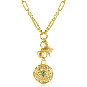 NEKOL Evil Eye Conch Peace Sign Butterfly Charm Necklace for Women, 14K Gold Plated Choker Charm Necklace, Paperclip Cubic Zircon Trendy Necklace Jewelry Gift for Christmas Day