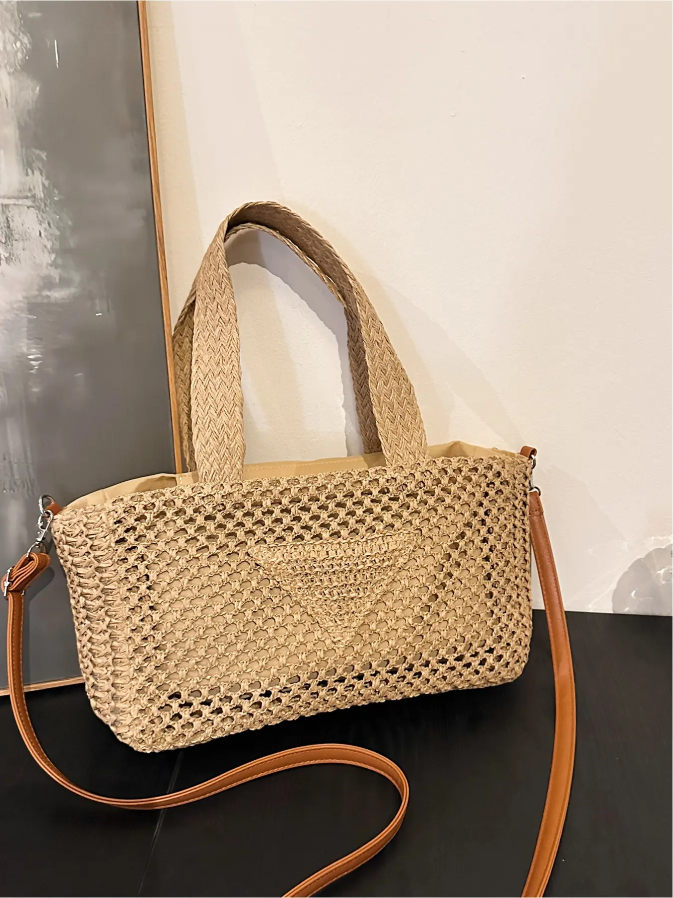 Large capacity fashionable casual handbag, beach vacation woven bag, straw woven bag, simple hollow out niche versatile shoulder bag, stylish crossbody bag, shopping universal bag, Handbag Shoulder Purse