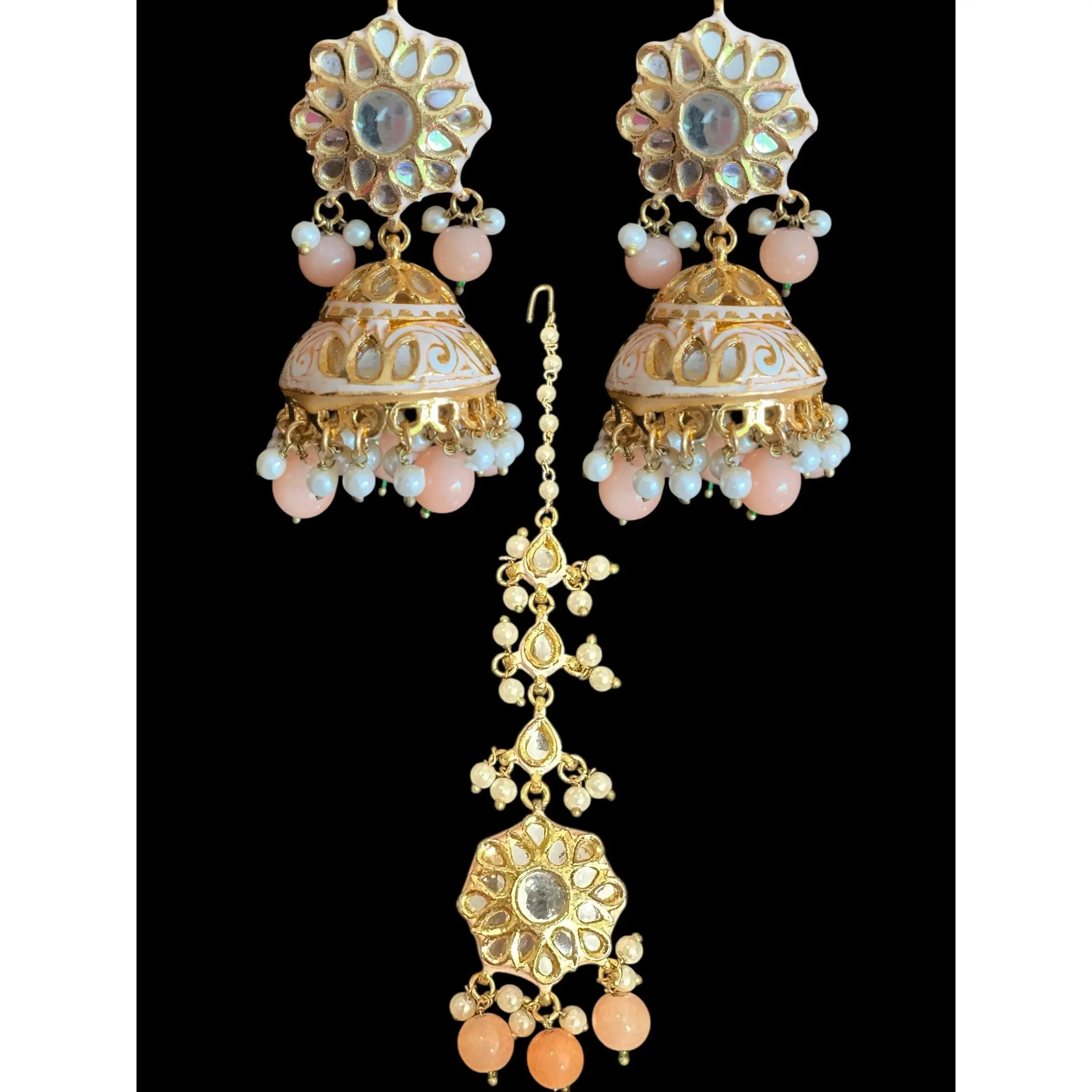Kundan jhumka and rika earrings with meenakari in peach ( READY TO SHIP )