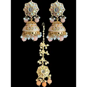 Kundan jhumka and rika earrings with meenakari in peach ( READY TO SHIP )
