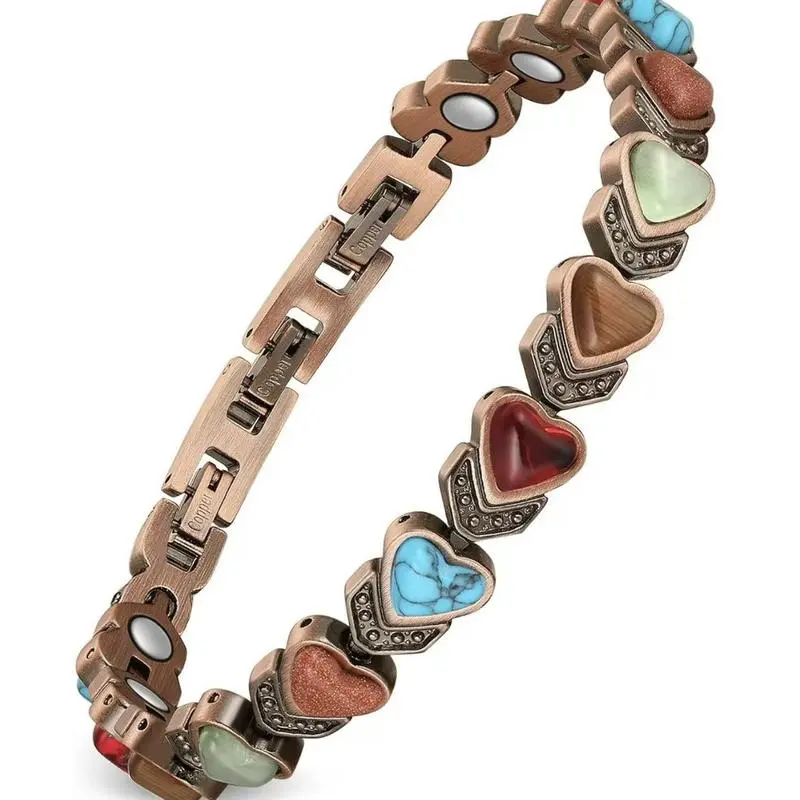 Pure Copper Heart Bracelets for Women, Elegant Stacking Jewelry with Natural Unique Stones, Adjustable Magnetic Design for Daily Wear, Valentine's Gift, Bracelet Jewelry, Exquisite Bracelet