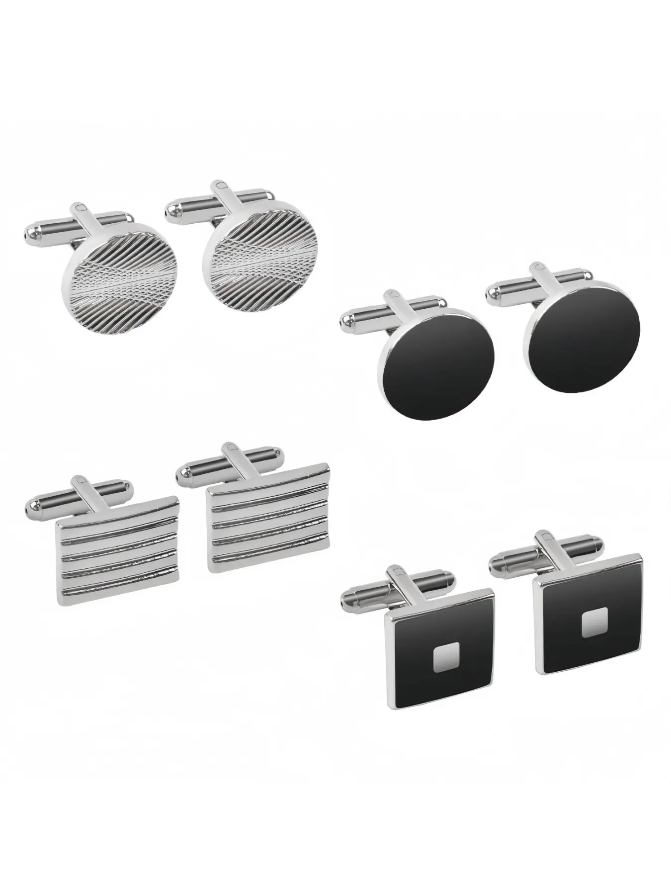 Men’s 8-Piece Classic Tone Cufflinks Set - Men’s Accessories with Silver Striped Disc, Square, Rectangle Designs, Modern Unisex Cuff Links for Wedding, Business