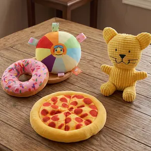4Pcs Dog Squeaky Toys Value Pack, Plush Pizza & Donut Set with Cute Lion Cub, Interactive Crinkle Boredom Relief Puppy Toys, Practical Daily Pet Supplies