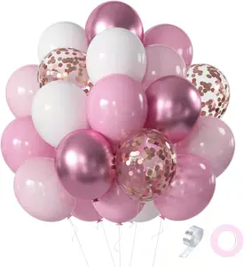 Pink White Rose Party Balloons 60pcs 12 Inch Pink White Rose Gold Confetti Balloons Kit for Birthday, Wedding, Baby Shower, Graduation Decorations
