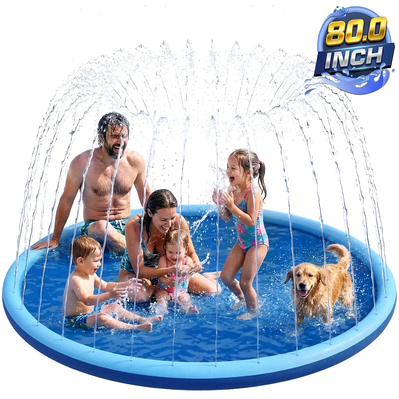 Multi Purpose Inflatable Splash Pad for Kids - 80in Wide, 5mm Thick PVC Non-Slip Water Spray Mat, Outdoor Backyard Water Fun Toy with Adjustable Spray for Toddlers, Small Dogs