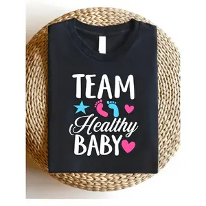 Women'S Team Healthy Graphic Maternity T-Shirt - Pregnancy Announcement Short Sleeve Crew Neck Tee with Footprints & Heart Design, Soft Breathable All-Season Casual Shirt for Daily Wear, Showers, Beach & Loungewear - Stylish Fit for Expecting Moms (