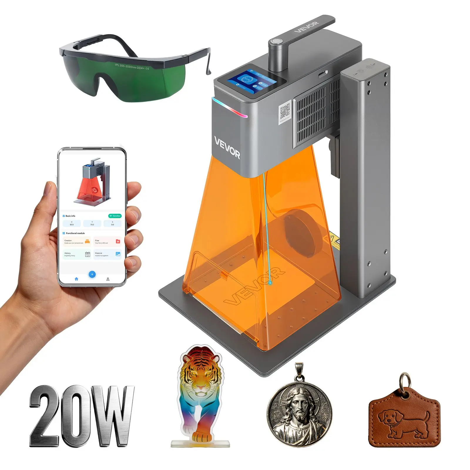 VEVOR 2-in-1 Dual Laser Engraver - 10,000 mm/s High Speed, Portable 20W Blue & 2W IR Machine, 6.3x5.5 in Area, Manual Auto Focus, Handheld Grip DIY Tool, for Home Decor Custom Engravings on Wood Acrylic, 20W+2W