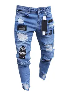 New Denim Street Style Cartoon Embroidery Slim Fit Trendy Elastic Skinny Men's Graphic Jeans, Casual Fashion Pants for All Seasons