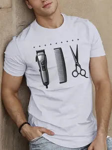 Men'S Short-Sleeve Summer T-Shirt Featuring Barber Tools in a Monochrome Design