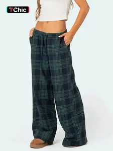 Ladies' casual versatile loose drawstring checkered pocket pants with wide legs - casual daily wear - suitable for all seasons as bottoms
