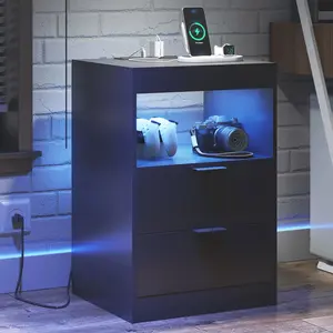 Sikaic Black Bedroom Wireless Charging Station LED Bedside Table